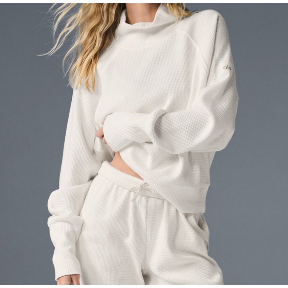 Alo Weekend Escape Mock Neck Long Sleeve Ivory Waffle Thermal Turtleneck Sweater - Picture 3 of 16